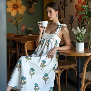 Robe longue en coton sans manches Breezy avec encolure carrée bleu vert imprimé bloc floral bretelles coupe ample fluide - Product Image 1