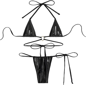Ensemble de maillot de bain bikini deux pièces sexy pour femme, nouveau, avec chaîne, en Spandex, col halter, soutien-gorge triangle, bas à nouer sur les côtés, haute extensibilité - Product Image 2