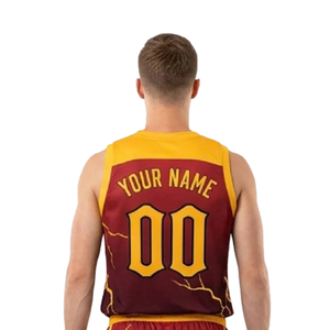 Ensemble d'uniformes de basketball personnalisés pour hommes, 100 % polyester, écologique, respirant, motif éclair, col en V, sans manches, maillot et short - Product Image 4
