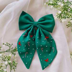 Fabric Hair <b>Bow</b> Ribbon with Christmas Embroidery Long Tail Hair Accessory for Girls Holiday Party Wear <b>Clip</b> Bulk - Product Image 4