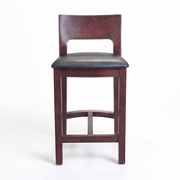 Tabouret de bar minimaliste réglable en teck massif avec siège rembourré en cuir noir, chaise haute, mobilier commercial de luxe