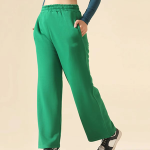 Pantalon large en molleton vert pour femme, taille haute élastique, coupe ample, longueur intégrale, couleur unie, avec poches, pour l'automne - Product Image 4