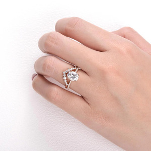 Rose Gold Oval Lab Grown Diamond <b>Crown</b> Bridal <b>Ring</b> Set - Product Image 2