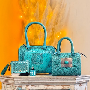 Sky Blue Color 100% Genuine Leather Mini Speedy Duffle <b>Bags</b> Women's Beautiful Attractive Floral Carved With Single Stone <b>Studded</b> - Product Image 3