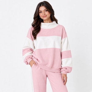Women Oversized Mockneck Sweatshirt <b>Pink</b> White Color Block Long Sleeve Drop Shoulder Pullover Casual Streetwear Fleece <b>Top</b> - Product Image 1