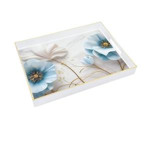 ถาดเสิร์ฟชาและกาแฟทรงสี่เหลี่ยมผืนผ้าลายดอกไม้สีฟ้าและชมพู ทำจากไม้เนื้อแข็ง พร้อมหูจับ ถาดกาแฟสวยงามสำหรับรับประทานอาหาร - Product Image 4