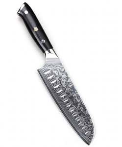 Couteau de cuisine Santoku en acier Damas, manche noir G10, bord Granton, mosaïque florale, outil culinaire - Product Image 5