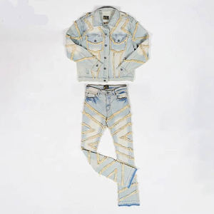 ชุดแจ็คเก็ตและกางเกงยีนส์สีพื้นสไตล์ฮิปฮอปสำหรับผู้ชาย ผ้าฝ้าย 100% ระบายอากาศได้ดี ปรับแต่งได้ ติดกระดุม เหมาะสำหรับแฟชั่นลำลอง - Product Image 6