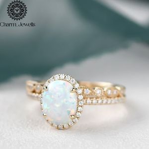 Charm_Jewells Women's Rose <b>Gold</b> Plated Oval <b>Opal</b> Engagement <b>Ring</b> Pave Setting Romantic Style - Product Image 5