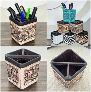 Support de bureau rond en cuir véritable fait main, gravé à la main, pour stylos et crayons, style occidental, pour la vente en gros - Product Image 3