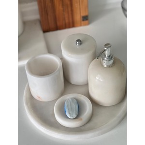 White Marble Bathroom Set 4-Piece Round Minimalist Soap Dispenser <b>Toothbrush</b> <b>Holder</b> Tray Easy To Clean - Product Image 4