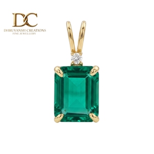 14KT <b>Solid</b> Yellow <b>Gold</b> Lab Grown Diamond & Colombian Emerald <b>Pendant</b> Charm Classic Solitaire Fine Jewelry for Women's - Product Image 1