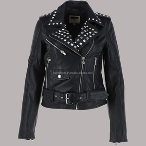 Chaqueta de cuero de motorista con tachuelas para mujer 100% Piel de cordero real Classic Premium Moto Vintage Side Zip Style Chaquetas de mujer - Product Image 1