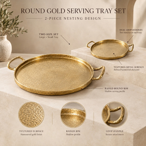 Plateau de service rond en aluminium doré mat de luxe, surface texturée, poignées à double boucle, bord surélevé |   Table de buffet, décoration d'intérieur - Product Image 5