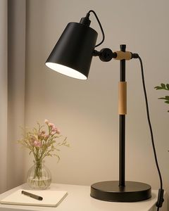 Contemporary Nordic Style Desk Lamp Metal Frame with Solid Wood Base Adjustable Reading Light Black <b>Table</b> Lamp for Home Decor - Product Image 3
