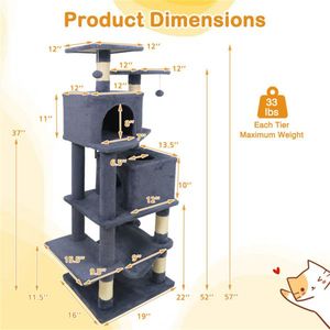57\" Gray Multi-Level <b>Cat</b> <b>Tree</b> with 2 Condos and Hammock for Multi-<b>Cat</b> Households Featuring Sisal <b>Scratching</b> Posts - Product Image 3