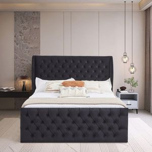 Letto Chesterfield Vintage con Testiera Imbottita e Trapuntata, Rivestimento in Velluto, Facile Montaggio, Supporto a Doghe in Legno - Product Image 1