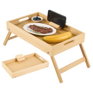 Soporte para Portátil de Bambú Natural con Patas Plegables, Bandeja para Comida y Ranura para Dispositivos Multimedia, para Refrigerios, TV y Uso en la Cocina - Product Image 2