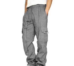 <b>Men's</b> Beige Cotton Cargo Sweatpants Elastic Waist Drawstring Multiple Pockets Casual Autumn Wear - Product Image 4