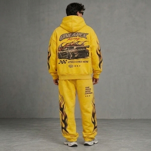 Men's Oversized <b>Yellow</b> Hoodie <b>Tracksuit</b> Set Heavyweight Cotton Jogger Sweat Suit Streetwear Custom Private Label - Product Image 2
