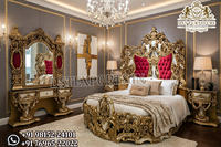 Ensemble de lit Maharaja grand format Rich Look, en teck moderne, hauteur réglable, 2 tiroirs, mobilier de chambre à coucher de luxe sculpté en feuille d'or