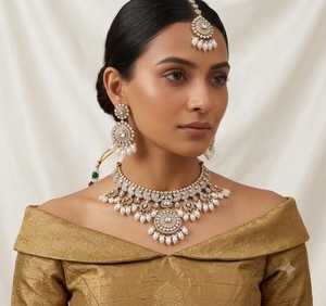 Wholesale <b>Prime</b> Polki Kundan Choker Necklace Set with Earrings and Maang Tikka Bridal Wedding Party Wear Gold Plated Jewelry - Product Image 3