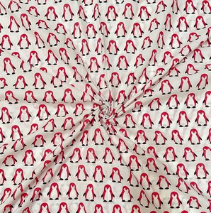 White Penguin Hand Block Printed Eco-Friendly Cotton Fabric <b>Cute</b> Animal Print Soft Lightweight Kids Apparel Craft Textile - Product Image 2