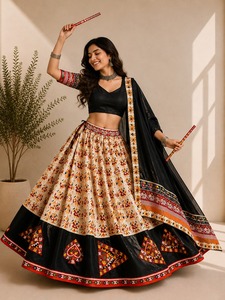 Ensemble Lehenga Choli Dupatta en pur coton Patola pour femmes, longueur au sol, séchage rapide, tenue ethnique indienne pakistanaise pour mariage, pour adultes - Product Image 3
