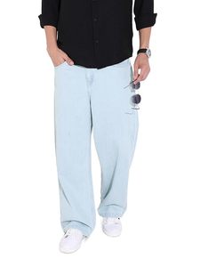 Jean en denim bleu clair pour homme, coupe large, 100 % coton, écologique, taille mi-haute, coupe ample, style vintage, décontracté, uni, été - Product Image 2