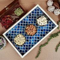 Bandeja Otomana Rectangular Multifuncional Hecha a Mano, Estilo Moderno Rústico, con Incrustaciones de Hueso Azul Marroquí, Diseño Floral Geométrico, para Ramadán