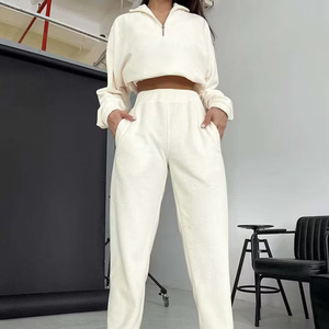 Women's Beige Knitted Tracksuit Set Long Sleeve Collar High Waist Loose Fit Solid Color Casual All Seasons Full Length Zipper - Product Image 5
