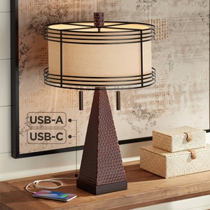 Industrial design Hammered Bronze <b>Table</b> Lamp Modern USB Charging Ports Metal Pyramid Base Fabric Shade Elegant <b>Bedside</b> Lamp - Product Image 5