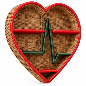 Hanging Bohemian <b>Heart</b> Shaped Seagrass Wall <b>Shelf</b> with Red Border and Green Heartbeat Design - Product Image 3