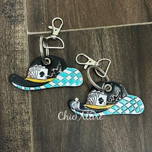 <b>Personalized</b> Vintage Style Hand Tooled Genuine Cow Leather <b>Keychain</b> Western Checkered Pattern Key Ring Bag Charm Wholesale - Product Image 1