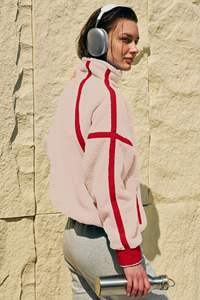 Sudadera con capucha para mujer, oversize, beige, con paneles en contraste, media cremallera, de forro polar, manga larga, estilo casual urbano, corte holgado, estampado personalizado - Product Image 2