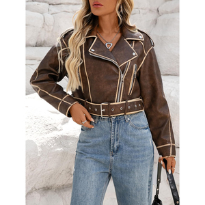 Women <b>Long</b> Sleeve Outerwears Cropped Bomber Jacket Faux Leather Autumn Winter Vintage Short <b>Coats</b> - Product Image 2
