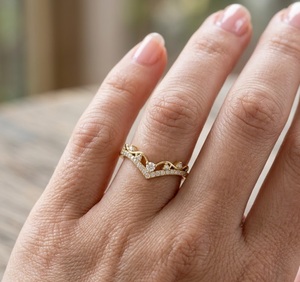 Vintage 14K Solid Gold Lab Grown Diamond <b>V</b> Shape Curved Chevron Wedding Band Wishbone Ring <b>Crown</b> Stacking Ring Anniversary Gift - Product Image 5