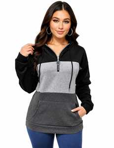 Sudadera con capucha y media cremallera, con bloques de color, de forro polar, casual, de corte regular, para otoño, talla grande para mujer, en negro, gris y azul. - Product Image 1