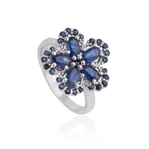 Bague de cocktail en argent sterling 925 en forme de fleur, saphir bleu naturel, style romantique pour femme, bijoux fins - Product Image 3