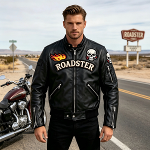 Blouson Moto Homme TITAN TREAD WEAR en Cuir PU, Blocs de Couleurs Rouge, Noir, Blanc, Fermeture Éclair Avant, Design à Clous et Patchs, Col Montant - Product Image 4