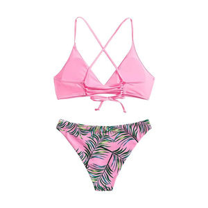 Women's Pink Tropical Leaf Print Bikini Set Crossback Halter Top <b>Thong</b> Bottom 2 Piece Swimwear Stretch Fabric Embroidery - Product Image 2