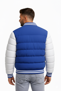 Chaqueta Acolchada Varsity Azul Rey y Blanca para Hombre, Chaqueta Bomber de Invierno con Botones a Presión, Ropa Urbana, Logotipo Personalizado, Fabricante OEM ODM - Product Image 5