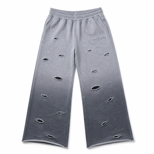 Pantalon de survêtement large premium effet vieilli, coupe déchirée, ourlet ouvert décontracté, taille élastique, style streetwear épais - Product Image 1