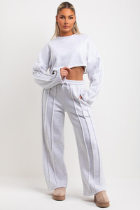 Conjunto Deportivo de 2 Piezas para Mujer, Color Gris, Top Corto con Pantalones Largos, Corte Holgado Informal, Color Sólido, Cintura con Cordón, Bolsillos Laterales - Product Image 4