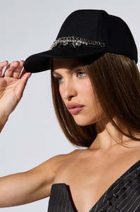 <b>Black</b> Punk Style <b>Baseball</b> <b>Cap</b> with Silver Chain Rhinestone Spikes Adjustable Unisex 6-Panel 100% Cotton Four Seasons Hat - Product Image 4