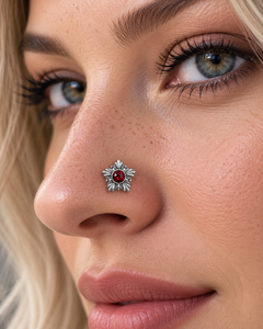 Indian Mores 925 Sterling <b>Silver</b> Natural Garnet <b>Nose</b> Pin Stud Bezel Setting Handmade Classic Wedding Engagement Women's Jewelry - Product Image 1