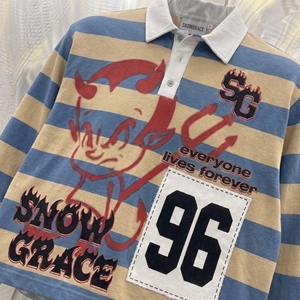 เสื้อโปโลแขนยาวลายทาง Snowgrace คอปกพับได้ ยูนิเซ็กส์ ผู้ใหญ่ ทรงปกติ ใส่ได้ทุกฤดู พิมพ์ลายโลโก้ด้านหน้า - Product Image 5