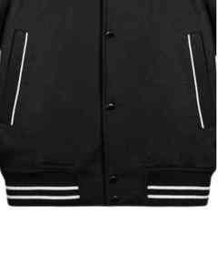 แจ็คเก็ตวาร์ซิตี้ชายคุณภาพดีที่สุด ตัวเสื้อทำจากผ้าขนสัตว์สีดำ แขนหนังสีดำ คอเสื้อแบบริบแถบสีขาว แจ็คเก็ตบอมเบอร์สไตล์วิทยาลัย มีจำหน่ายแล้ว - Product Image 3