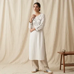 Women Cotton White Kurti Geometric <b>Embroidered</b> Round Neck Full Sleeve Straight Fit Long Ethnic <b>Tunic</b> Casual Comfortable Wear - Product Image 2