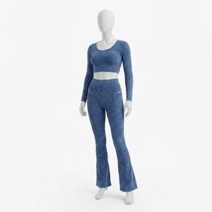 <b>Women</b> Blue Acid Wash Yoga Set Long Sleeve <b>Crop</b> Top High Waist Flare <b>Leggings</b> Gym Fitness Workout Activewear - Product Image 1